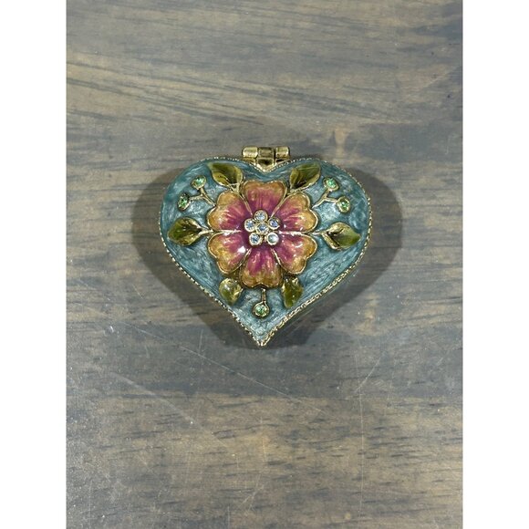 Vintage Monet Metal Enamel Heart Trinket Box Blue Green Flower Rhinestones - Picture 1 of 6